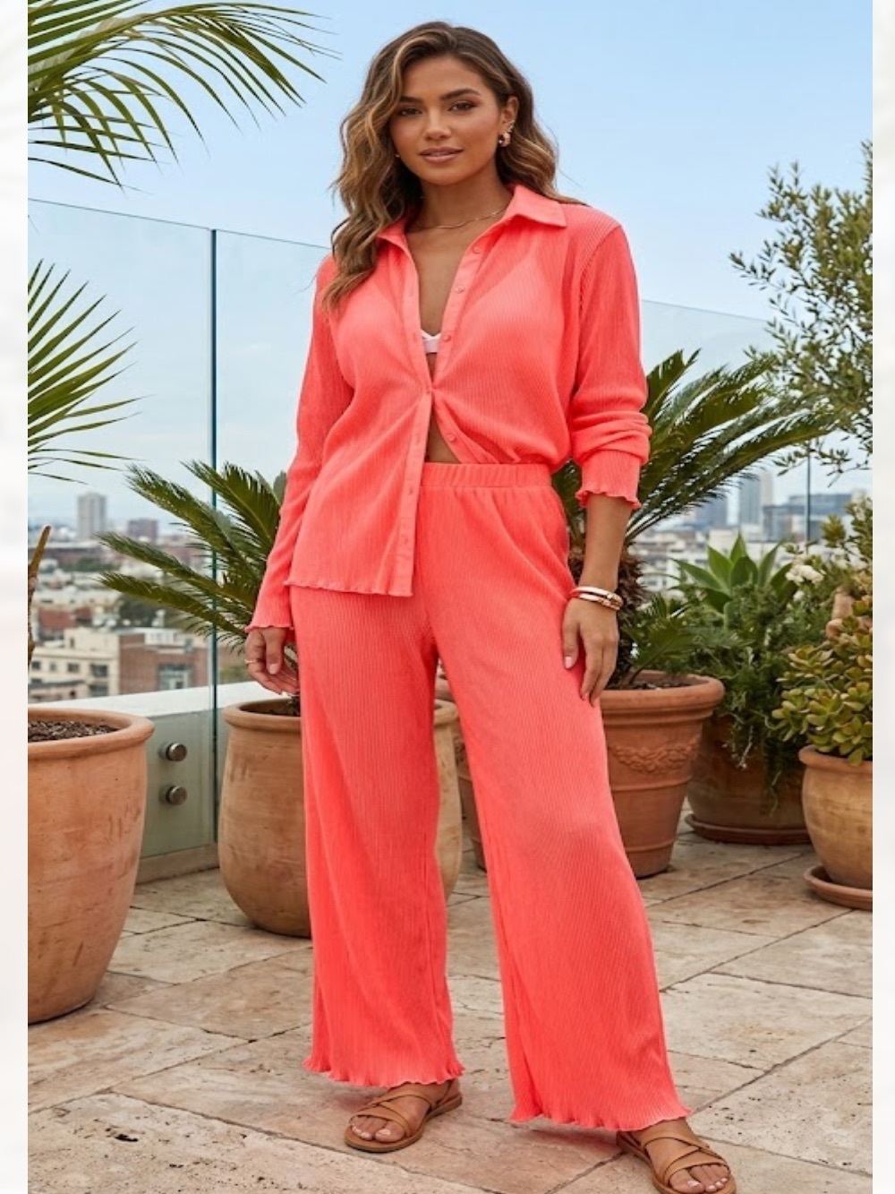 PrettyLittleThing Neon Coral Pleated Two-Piece Set